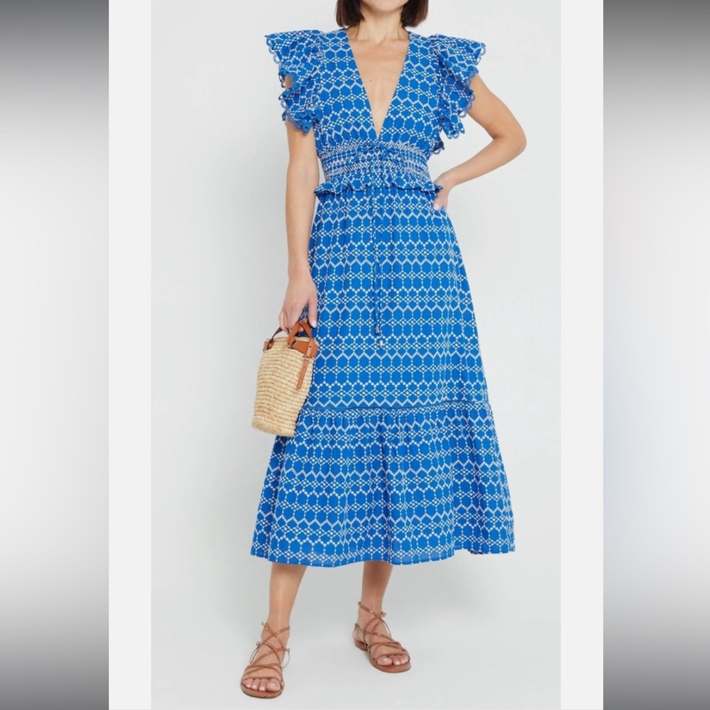 O.P.T Jardin Dress Eyelet Blue V-neck Cotton Midi Women Dress